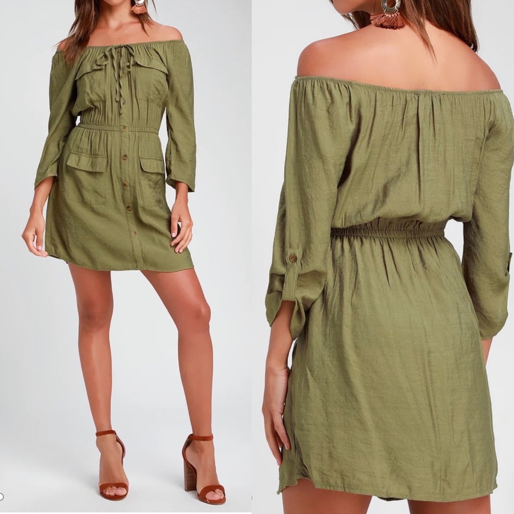 Lulu's Olive Green Off-Shoulder Long Sleeve Dress